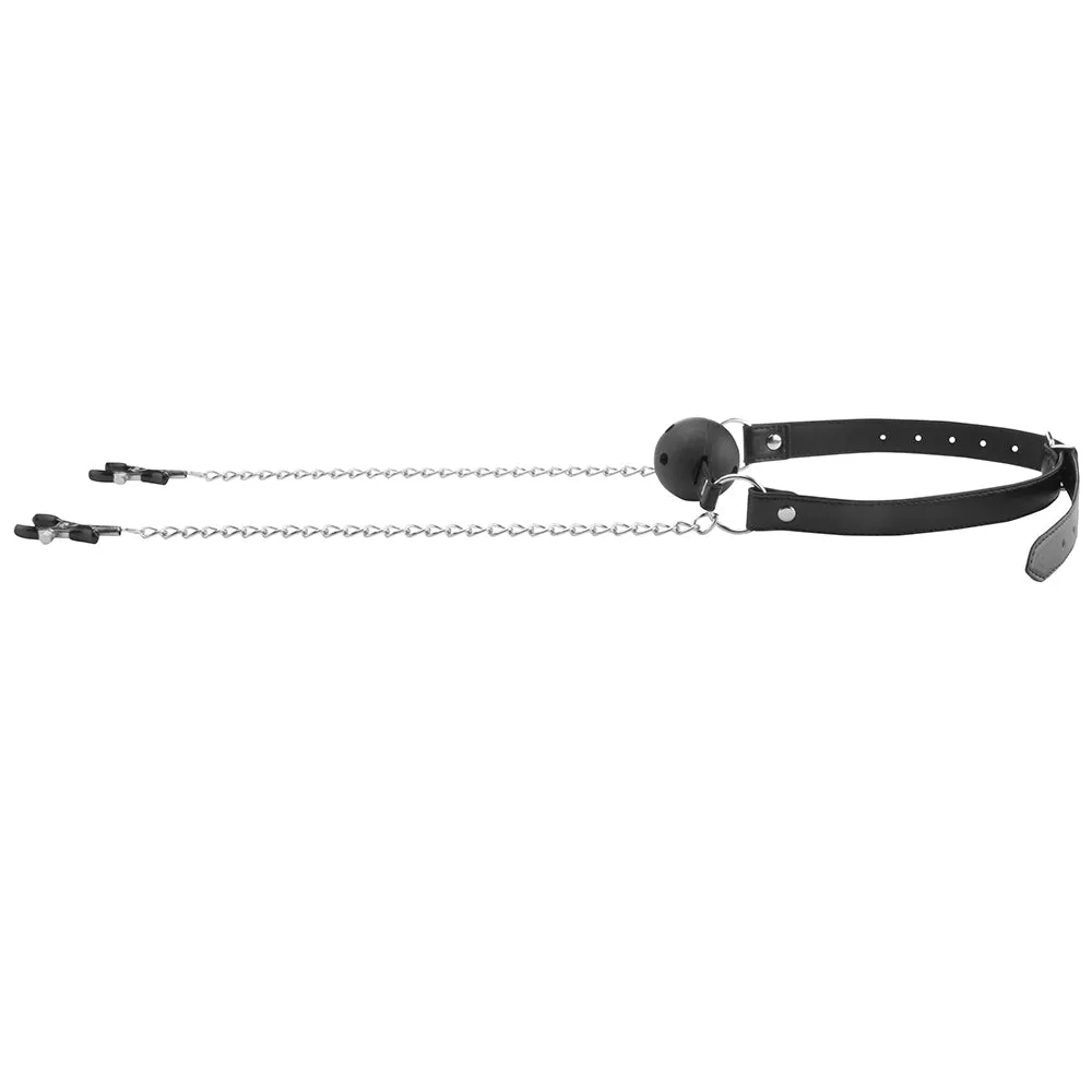 Black & White Breathable Ball Gag With Nipple Clamps