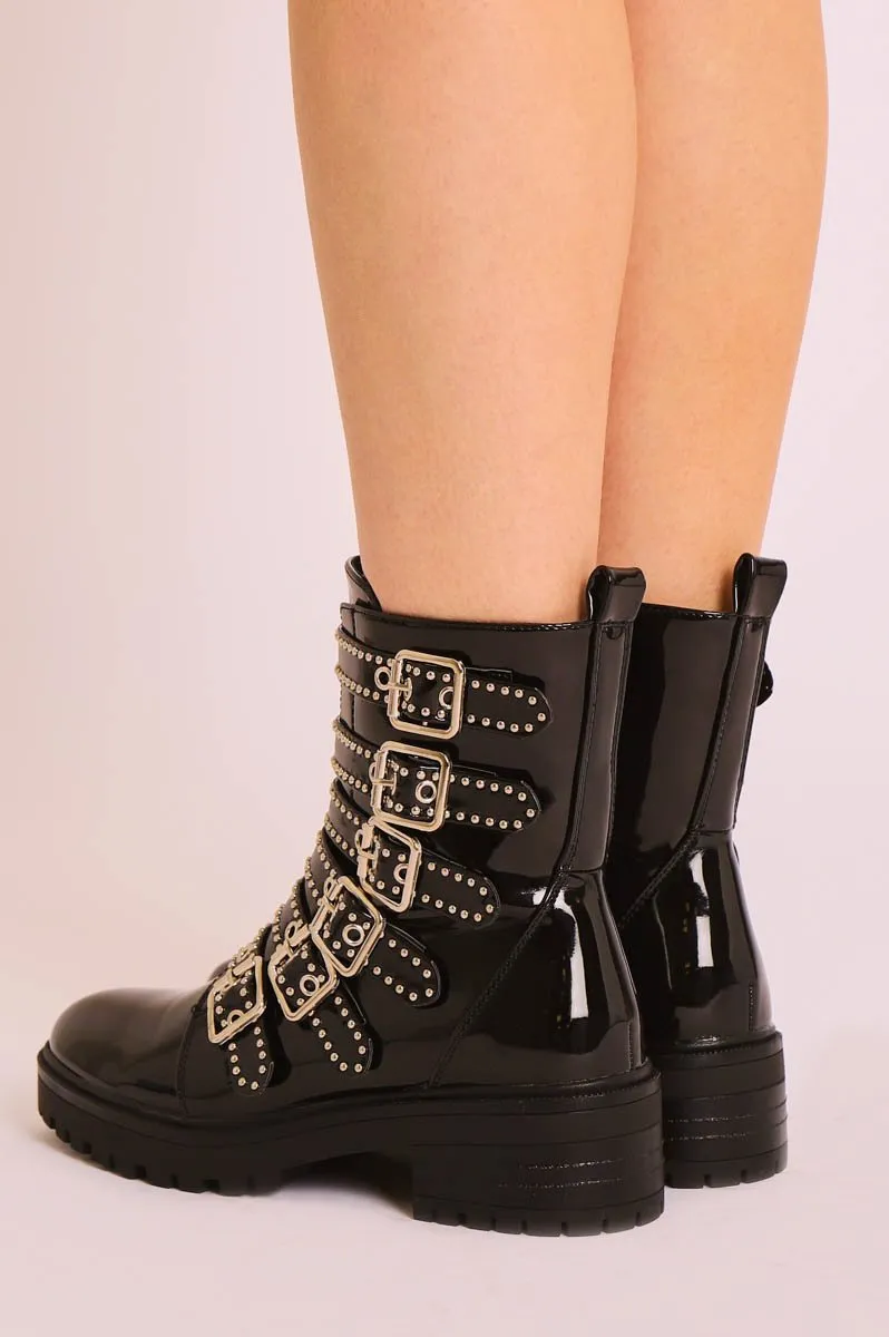 Black Patent Leather Stud Buckle Strap Ankle Boots - Lelani