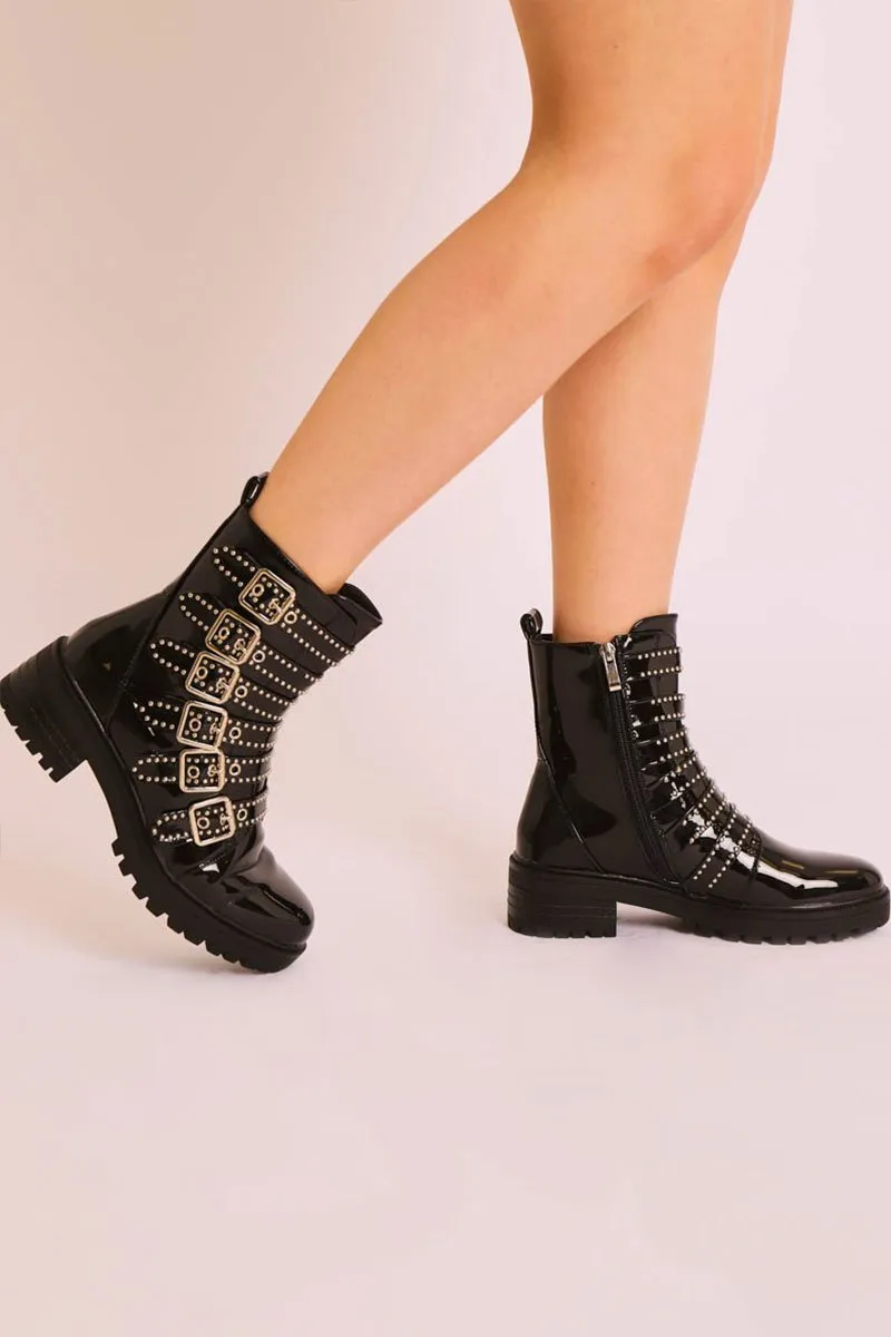 Black Patent Leather Stud Buckle Strap Ankle Boots - Lelani