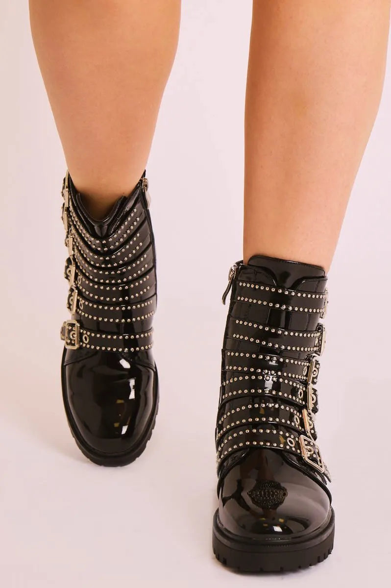 Black Patent Leather Stud Buckle Strap Ankle Boots - Lelani