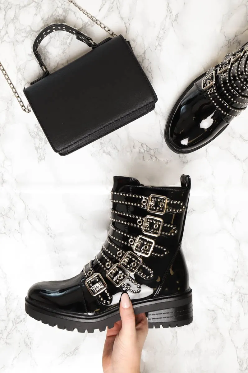 Black Patent Leather Stud Buckle Strap Ankle Boots - Lelani