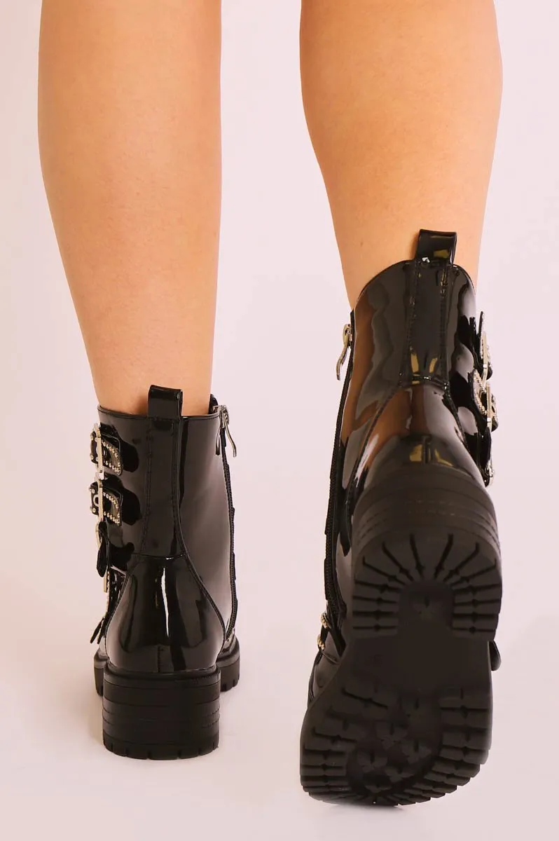 Black Patent Leather Stud Buckle Strap Ankle Boots - Lelani