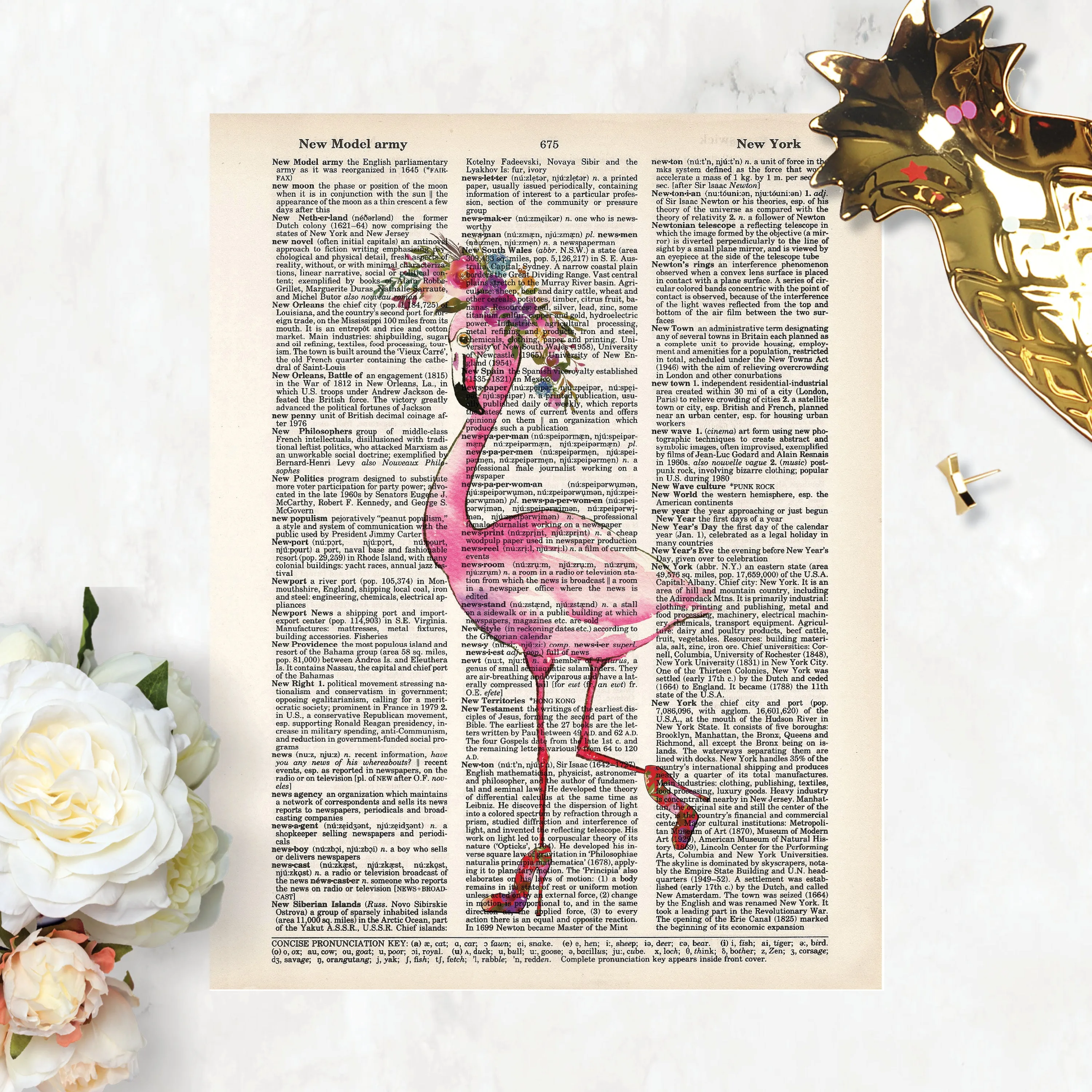 Flamingo in High Heels and Watercolor Flowers