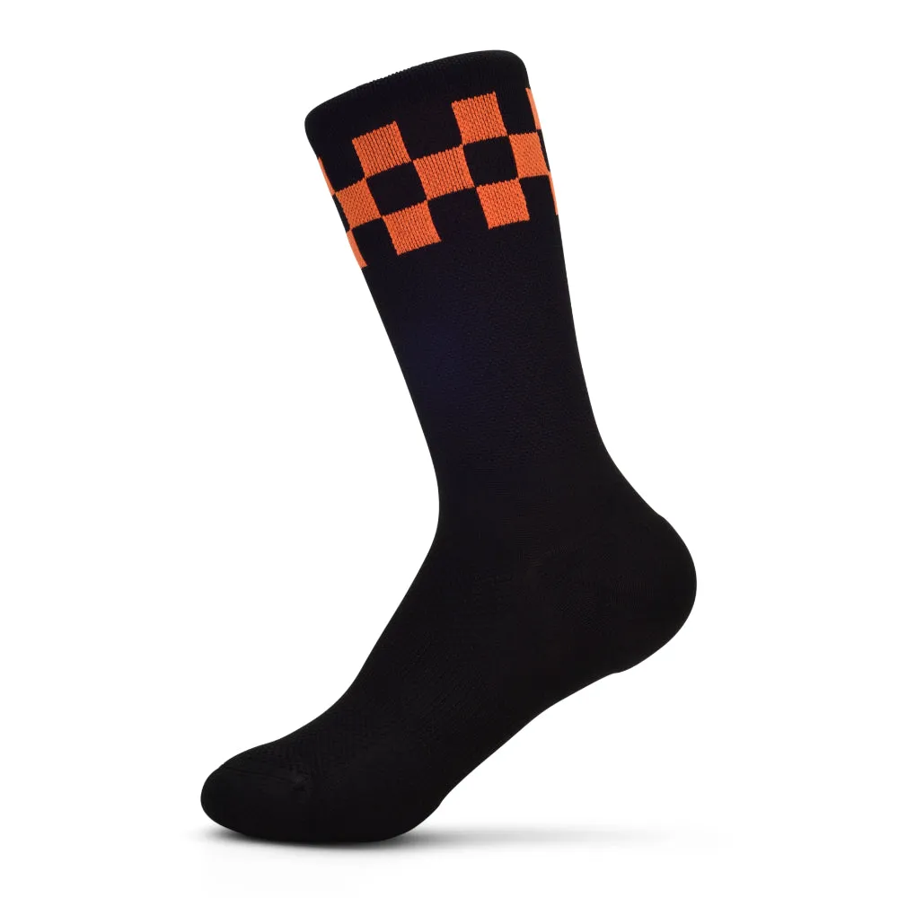 Stoke Signal Socks - Black with Orange Checkerboard*