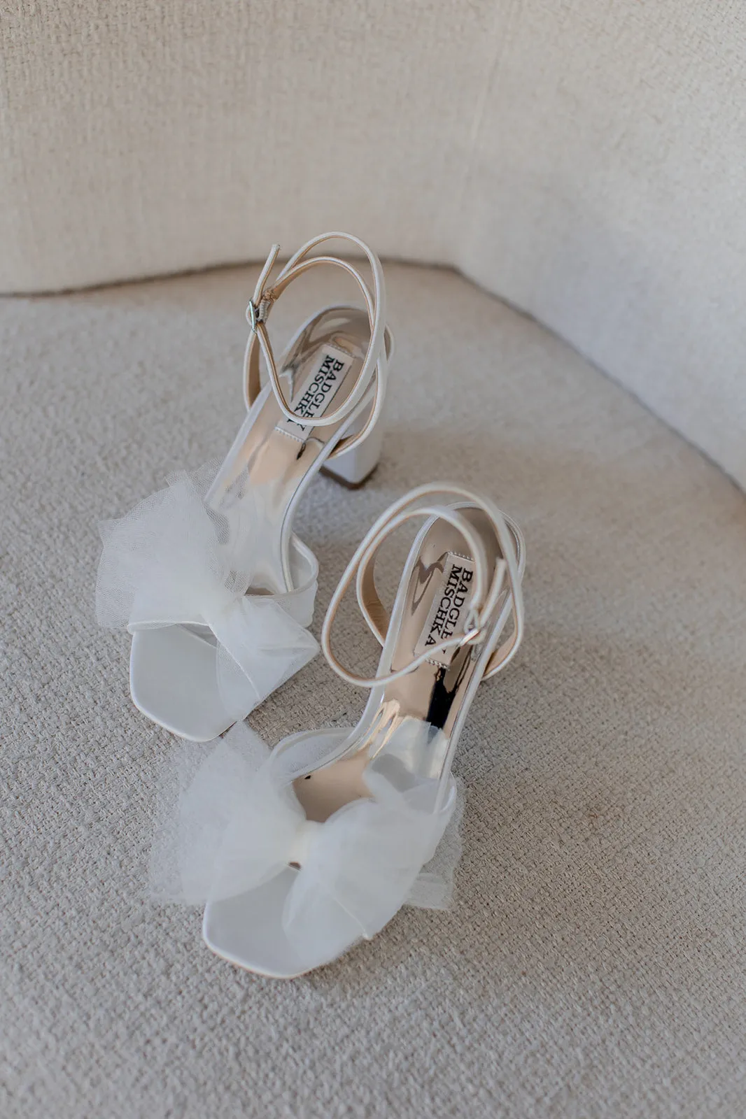 Tess - Peep Toe Block Heel With Tulle Bow - White